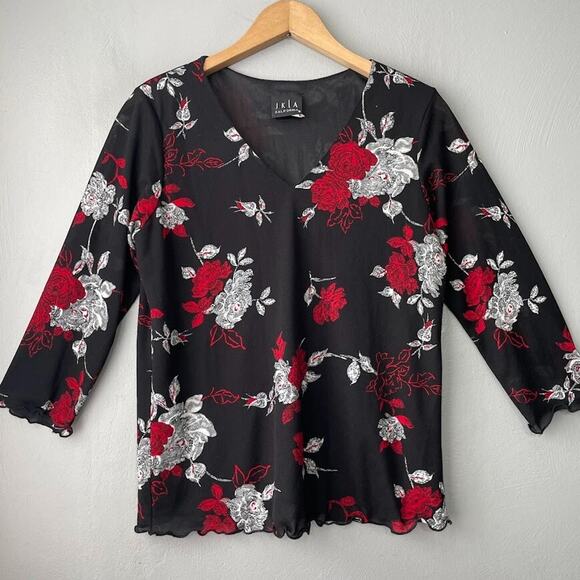 Y2K Mesh Top Fits Medium Black Red Floral Dark Fairy Gothic Romantic Lettuce Hem - Picture 1 of 10